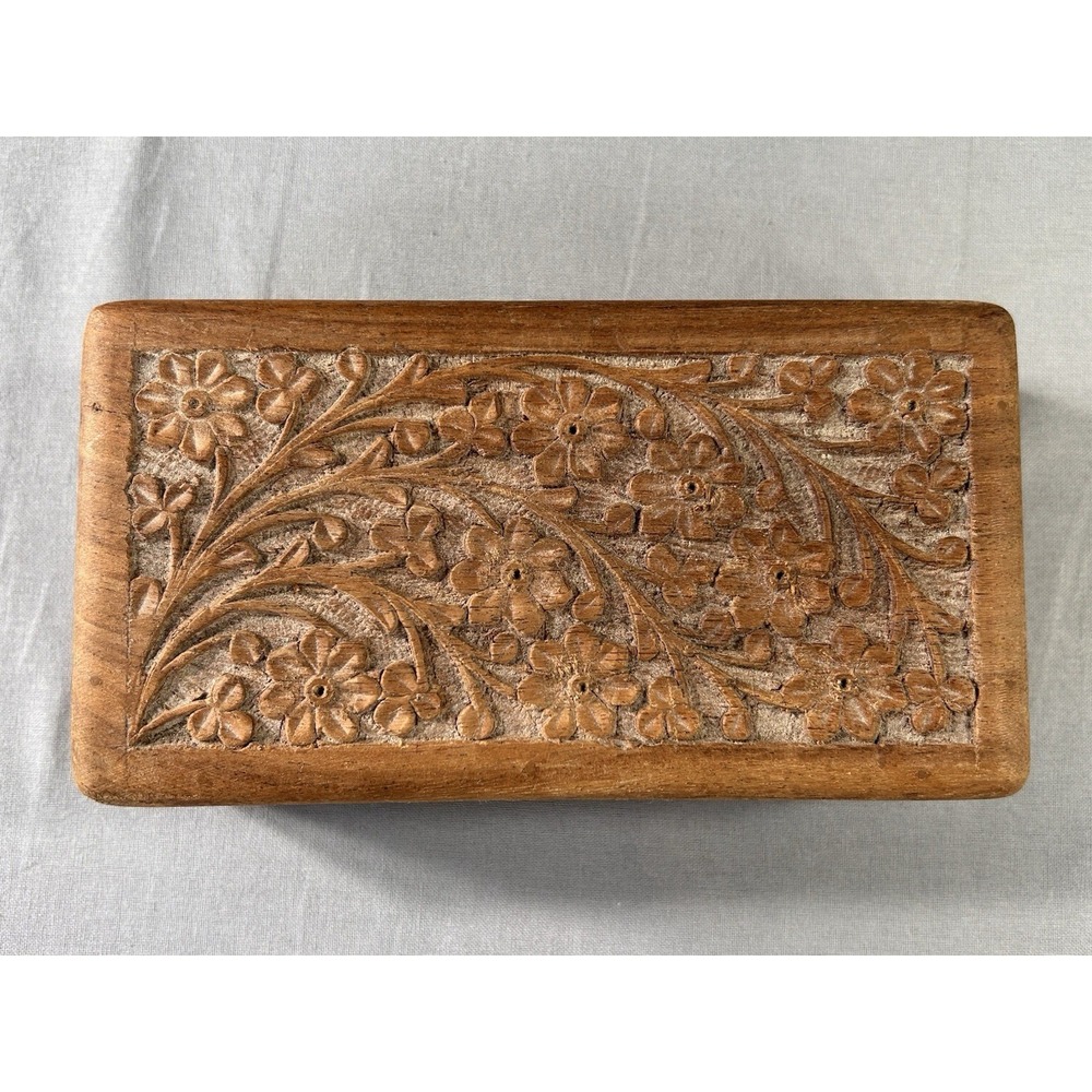 Hand Carved Floral Leaf Wooden Jewelry Trinket Box Hinged Lid